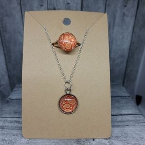 Handcrafted glass beaded adjustable ring and necklace